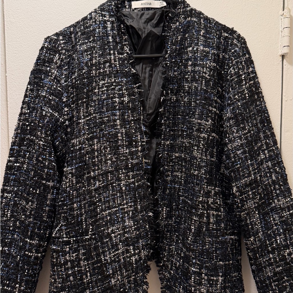 JustFab Black and Blue Tweed Collarless Jacket